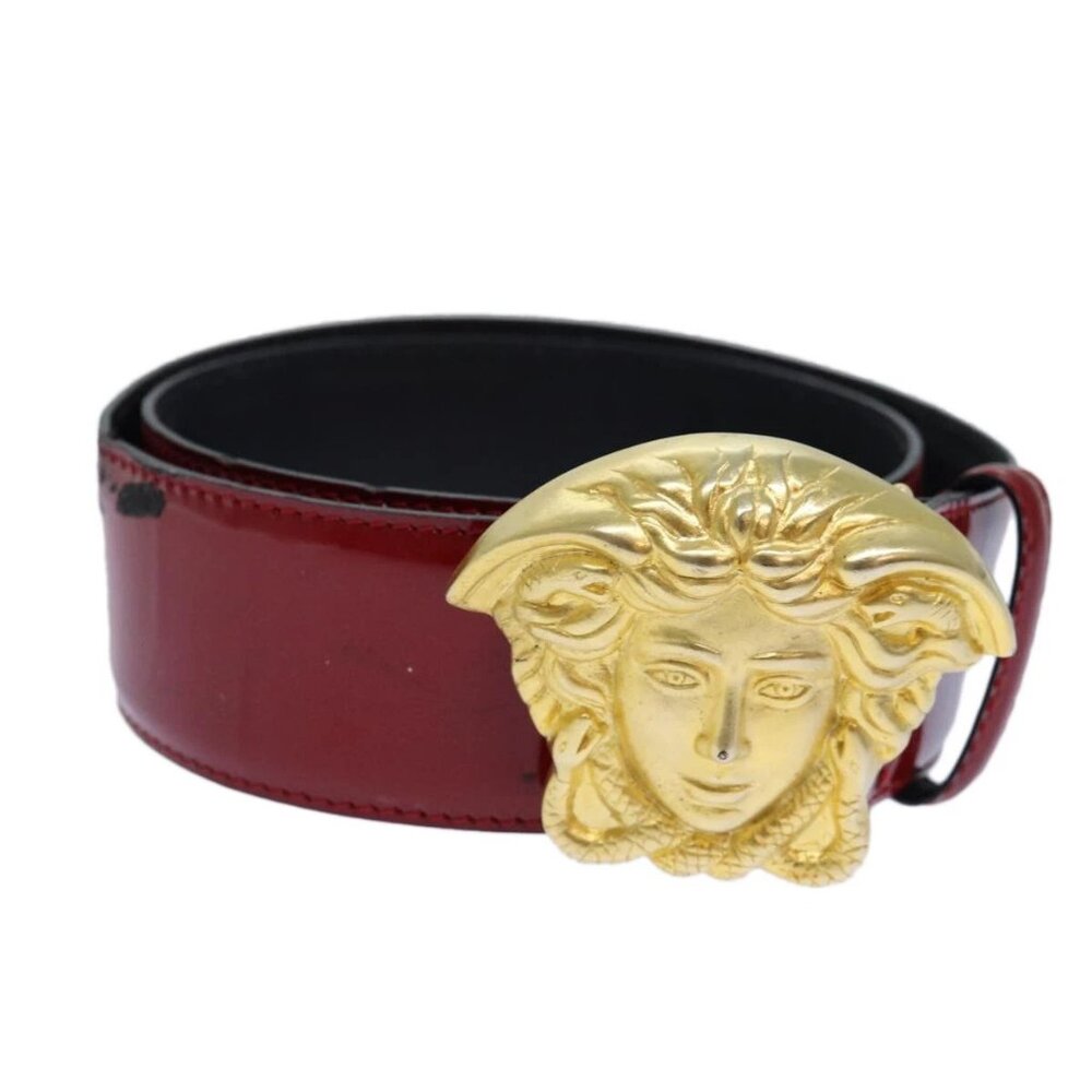 VERSACE Medusa Belt Patent leather 68cn-28.7"""""""" Red Gold Auth bs16787